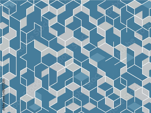 Abstract geometric pattern with interlocking hexagonal and cubic shapes, forming a seamless digital network aesthetic. This cool blue and white design creates a modern, intricate background or texture