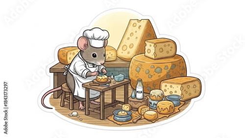 Mouse Making Cheese in Cottage Kitchen