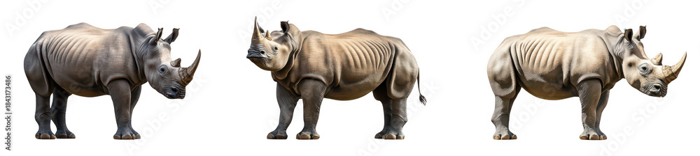 Fototapeta premium A trio of stylized rhinoceroses different poses and angles. highlighting their unique features and textures. set against a neutral background for artistic emphasis