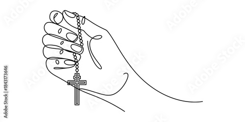 One continuous line art drawing of a human hand holding a christian rosary with a crucifix Vector, illustration