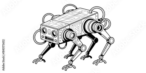 A detailed black and white illustration of an advanced four-legged robot with multiple cameras and tubes Vector, illustration