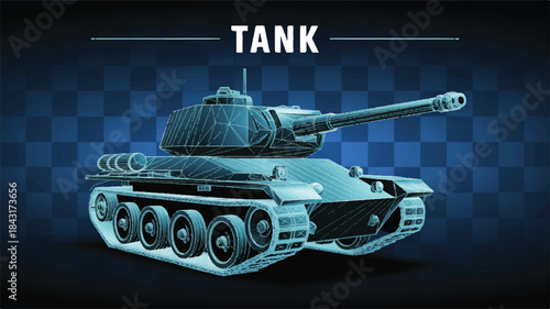 A wireframe 3D illustration of a military tank rendered in a low-poly style against a dark blue checkered background