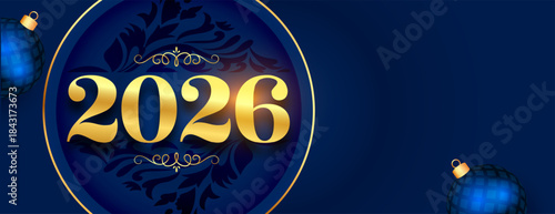2026 golden lettering new year blue wallpaper with xmas ball