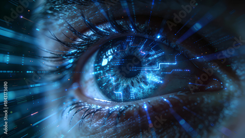 Close-up view of human eye with digital technology elements
