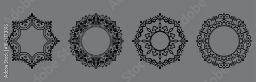 Set of decorative frames Elegant vector element for design in Eastern style, place for text. Floral black and gray borders. Lace illustration for invitations and greeting cards