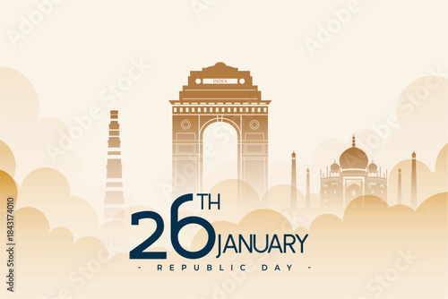26th indian republic day background with heritage monuments silhouette and clouds