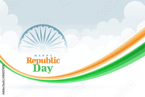 modern happy republic day cloudy background with wavy indian flag ribbon