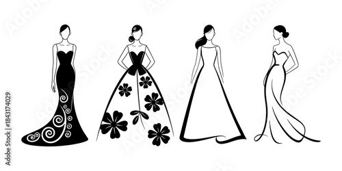 Four fashion illustrations featuring various elegant formal dress designs and silhouettes Vector, illustration