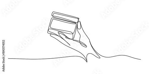 Single continuous line art of an elegant hand holding a cosmetic cream container Vector, illustration
