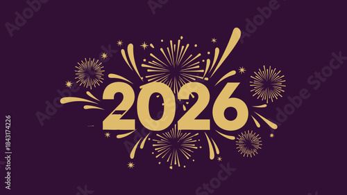 Golden fireworks celebrate the new year 2026 on a dark purple background with festive sparks and bursts