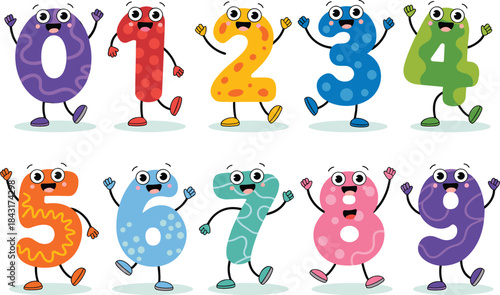 Colorful cartoon numbers characters set, playful smiling digits zero to nine, educational kids illustration, fun math design, isolated on white