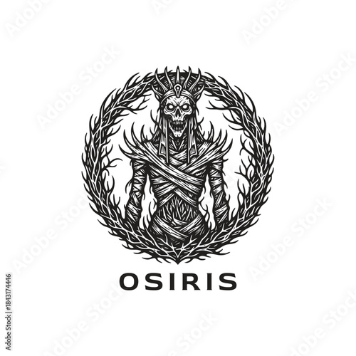Mythical Osiris Egyptian god illustration with mummy bandages and skull head inside a thorn wreath in vintage engraving style