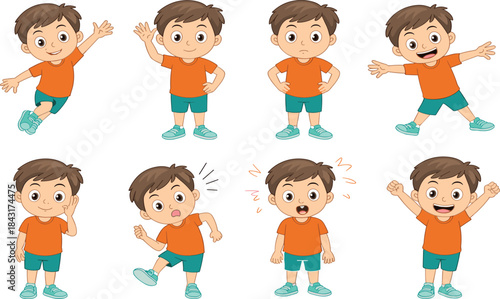 Cute cartoon boy character poses set, happy child expressions, playful kid illustration, educational animation design, isolated on white background