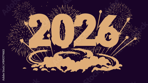 Golden fireworks display with the year 2026 on a dark background festive celebration