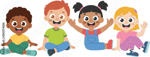 Cute diverse cartoon children sitting together, happy multicultural kids illustration, cheerful boys and girls waving, playful childhood group scene