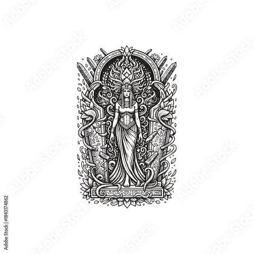 Ancient Egyptian goddess illustration with ornate lotus crown and hieroglyphic patterns in vintage engraving style.