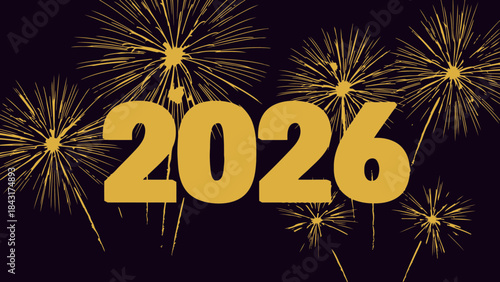 Golden fireworks exploding behind large yellow 2026 text on for new year celebration