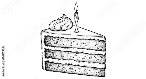 Hand-drawn black and white sketch of a delicious slice of three-layer birthday cake with frosting and a single lit candle on top.