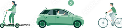 Eco-friendly transportation illustration showing electric scooter rider, electric car driver, and cyclist promoting green mobility, sustainable travel, and clean energy
