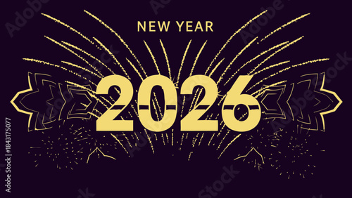 New year 2026 celebration with gold fireworks on dark background