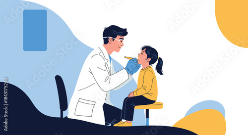 Male pediatrician or ENT doctor examining a little girl's throat during a medical check-up in a modern, friendly clinic setting.