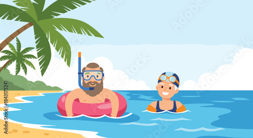 Happy senior couple enjoying their retirement by swimming and snorkeling in the ocean on a tropical beach vacation together.