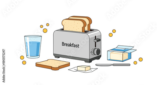 Simple breakfast scene illustration with a toaster popping out bread, fresh toast, butter, and a glass of water on a white background.