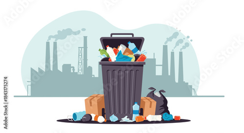Overflowing trash can filled with plastic waste and garbage in front of a polluted city skyline with smoking factory chimneys.