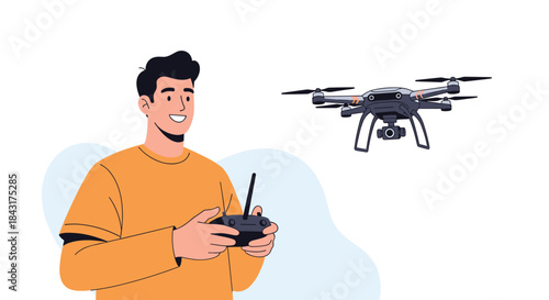 Happy young man operating a modern quadcopter drone with a remote control, enjoying a hobby or professional aerial photography.