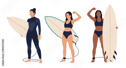 Set of three diverse and athletic young women in swimwear holding surfboards, ready for a day of surfing at the beach in summer.