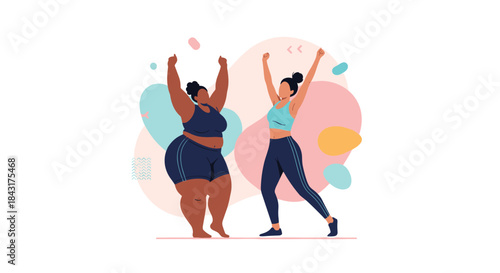 Two happy and confident women with different body types in activewear celebrating fitness goals and body positivity together.