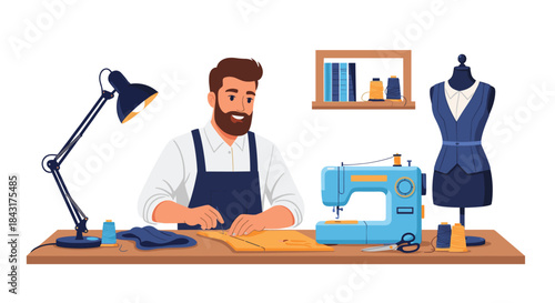 Male tailor or fashion designer with a beard working at his desk in a workshop, sewing clothes with a professional sewing machine.