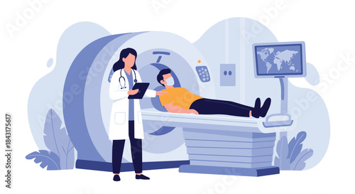 Female doctor monitoring a patient undergoing an MRI or CT scan for medical diagnosis in a modern hospital radiology department.