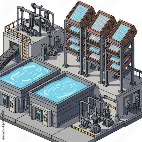 Isometric industrial water treatment plant with pumps and tanks.