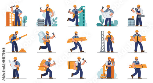 Large set of a male construction worker or builder character in various action poses with tools, blueprints, and building materials.