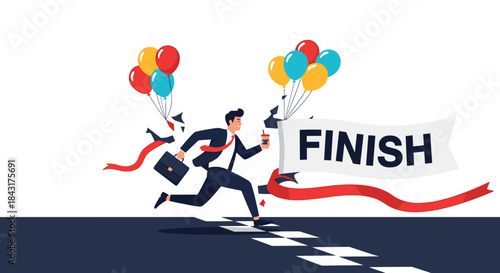 Successful businessman running and crossing the finish line, celebrating the achievement of a business goal or project completion.