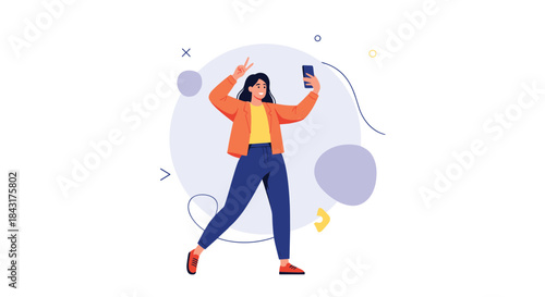 Cheerful young woman taking a selfie with her smartphone and making a peace sign, capturing a happy moment for her social media.