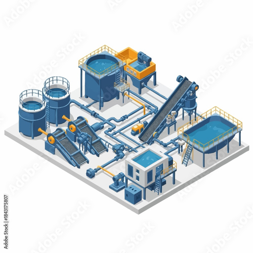 Isometric Industrial Water Treatment Plant with Tanks and Conveyors.
