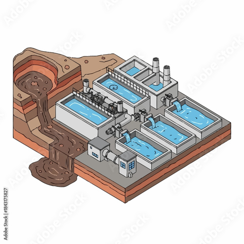 Industrial water treatment plant processing raw materials for purification.