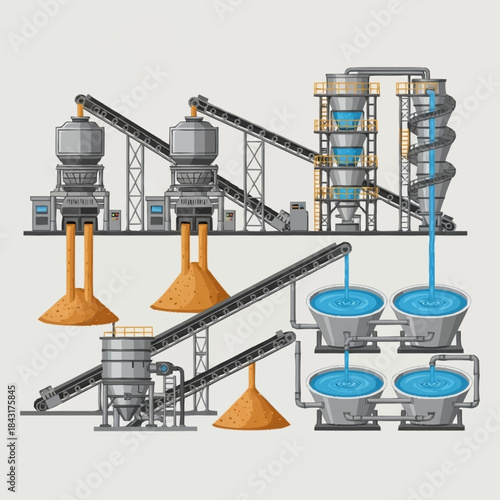 Industrial production plant with conveyor belts and silos.