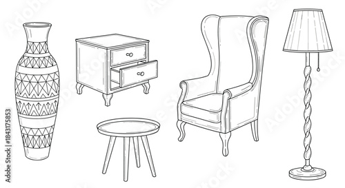 Hand-drawn sketch collection of vintage and modern home furniture items, including a wingback chair, lamp, table, and decorative vase.