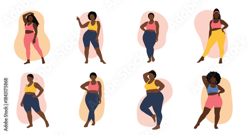 Collection of eight beautiful and confident plus-size African American women in colorful activewear, promoting body positivity and fitness.