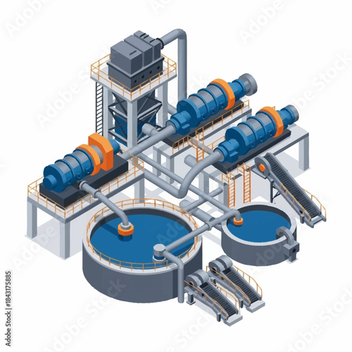Isometric Industrial Water Treatment Plant with Tanks and Machinery.