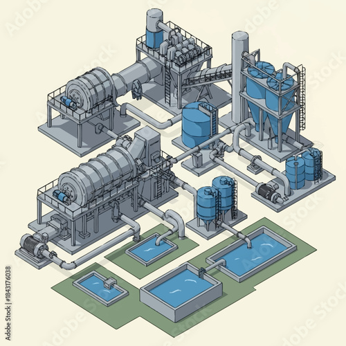 Isometric illustration of a complex industrial water treatment plant.