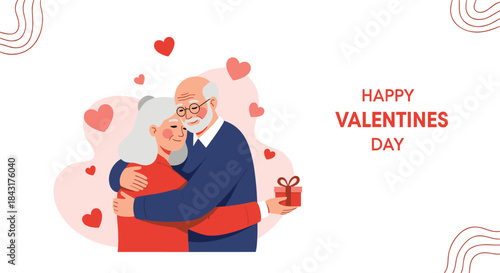 Happy elderly couple celebrating Valentine's Day with a loving hug and a gift, surrounded by floating hearts and romantic wishes.