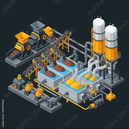 Industrial plant with conveyor belts and storage tanks isometric view.