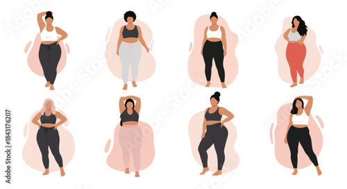 Diverse collection of eight beautiful and confident plus-size women in stylish activewear, celebrating body positivity and fitness.