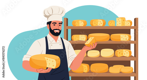 Happy male cheesemaker in a uniform proudly presenting a variety of artisanal cheeses in his specialty cheese shop or local dairy.