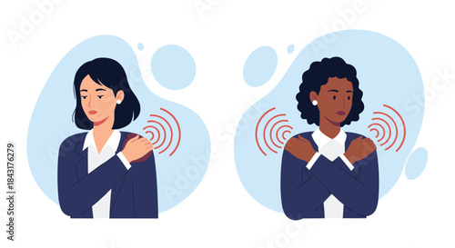 Diverse professional women in business suits suffering from severe shoulder and neck pain, illustrating workplace stress and physical discomfort.
