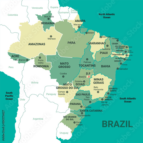 Map of Brazil with states and cities political geograph